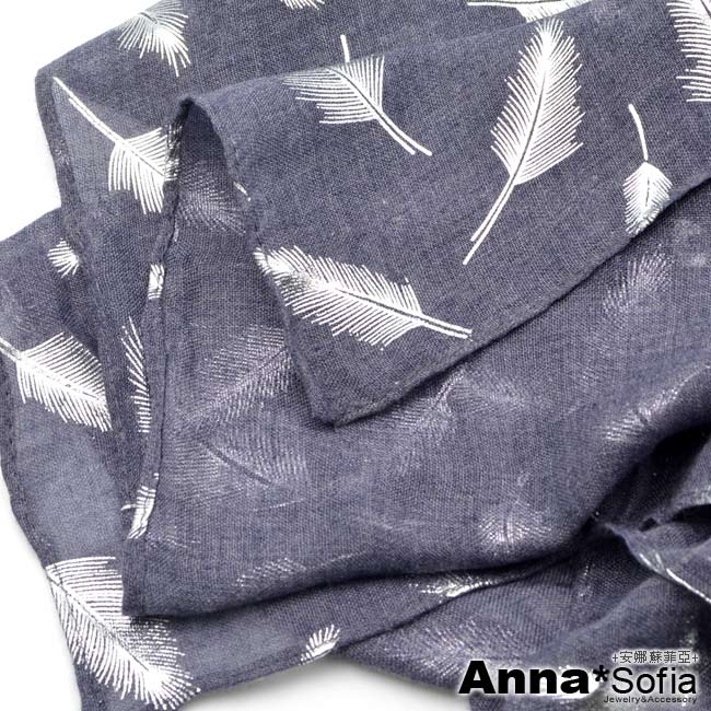 【滿額再75折】AnnaSofia 羽葉銀紛 柔軟混棉披肩圍巾(灰藍系)