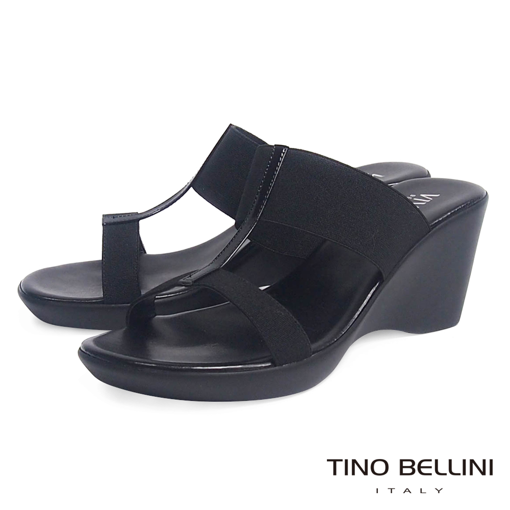 Tino Bellini 義大利進口彈力帶工字楔型涼拖鞋 _黑