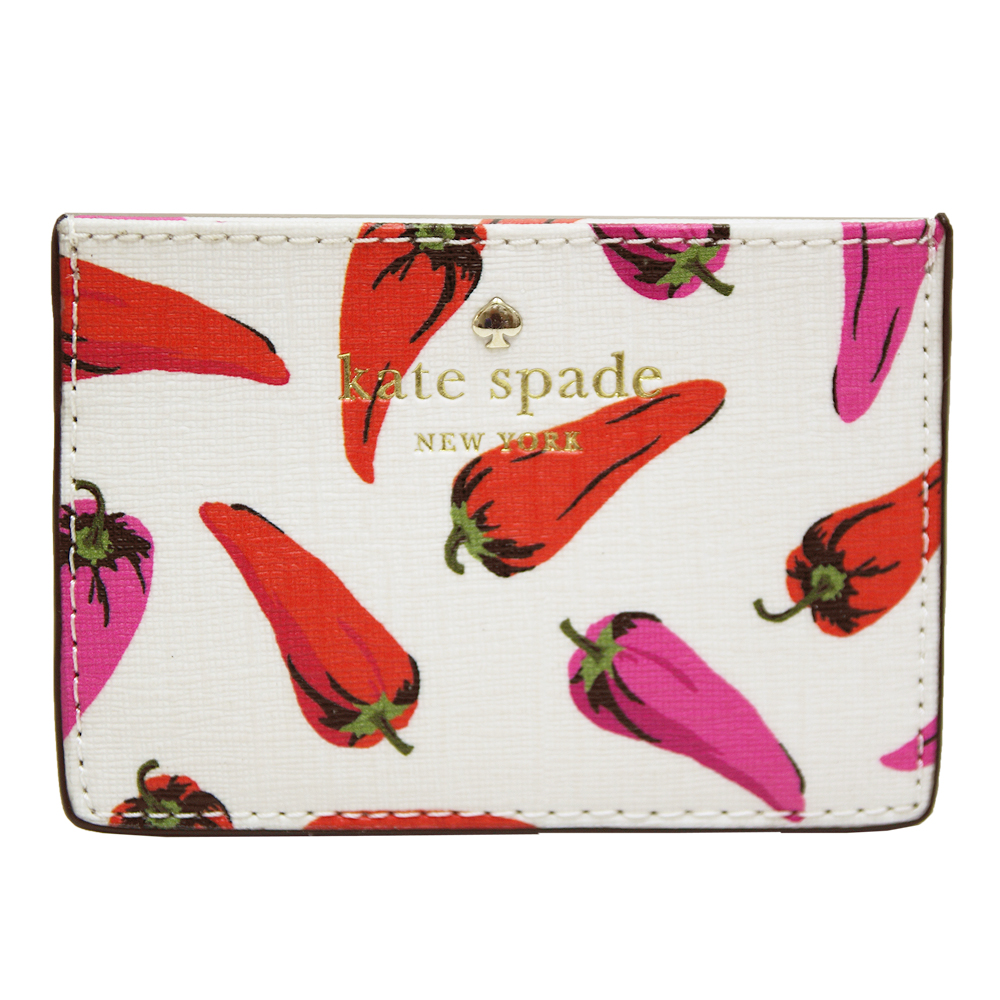 Kate spade 燙金LOGO辣椒印花牛皮名片夾-白底紅椒