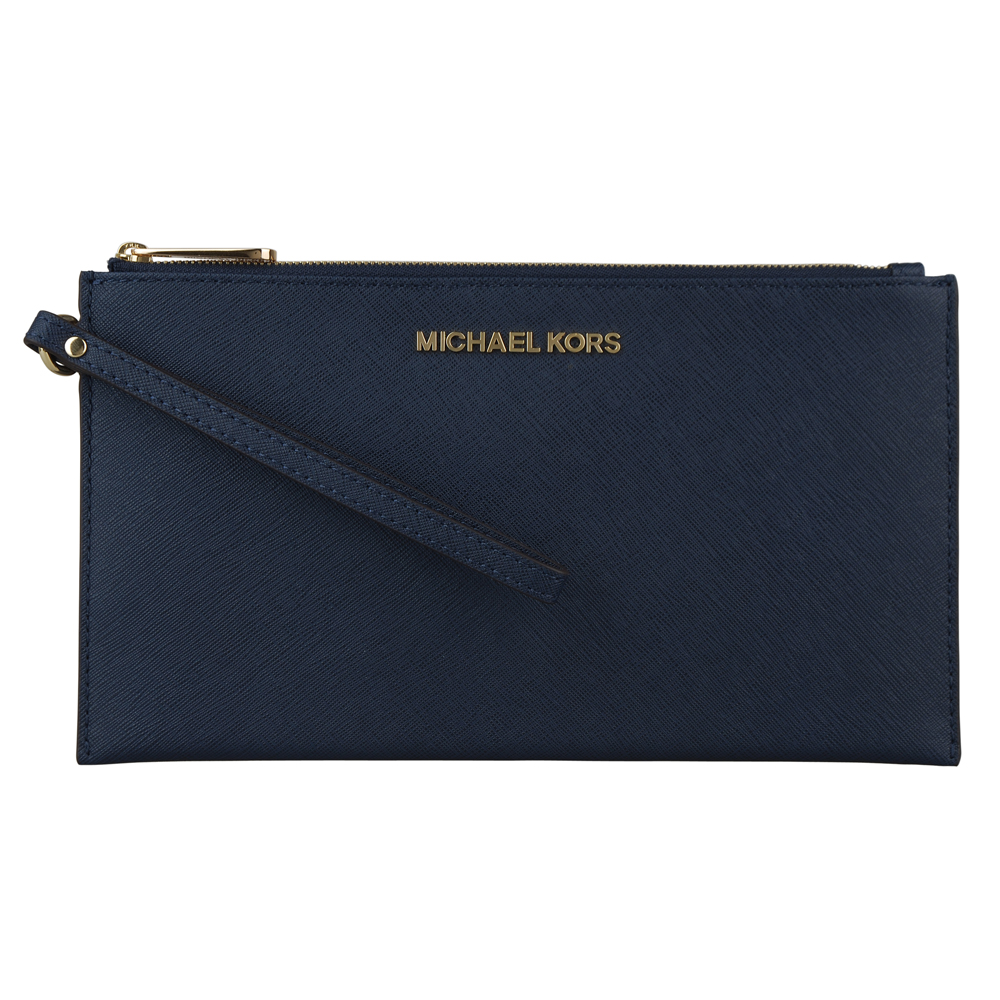 MICHAEL KORS JET SET TRAVEL金字防刮皮革手拿包(大/深藍)