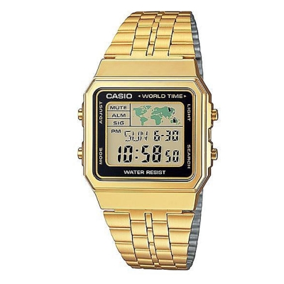 CASIO 復古風數字復刻地圖液晶顯示腕錶(A-500WGA-1A)-金X黑框/34mm