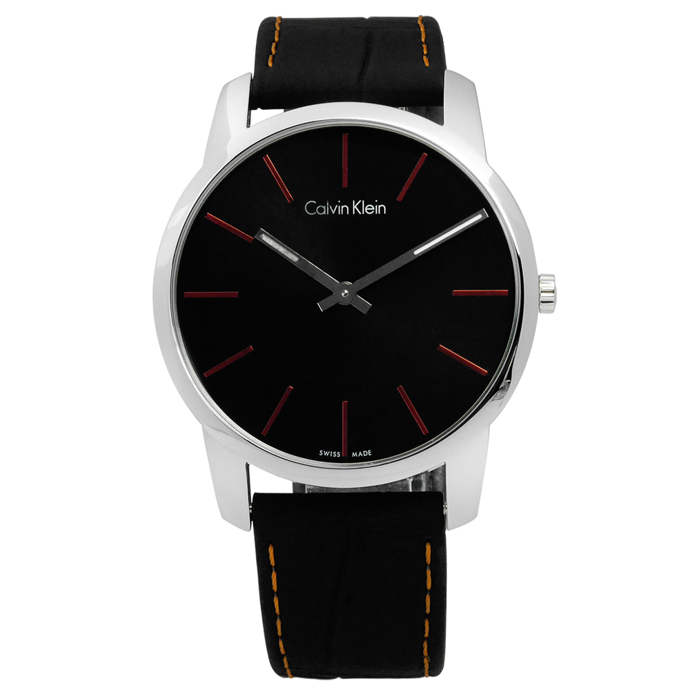 CK  時尚城市簡約壓紋皮革腕錶-黑色/44mm