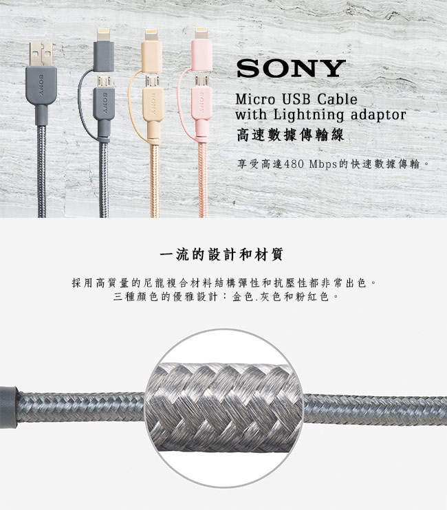 SONY Micro USB / Lightning 1.5M雙頭高速編織線