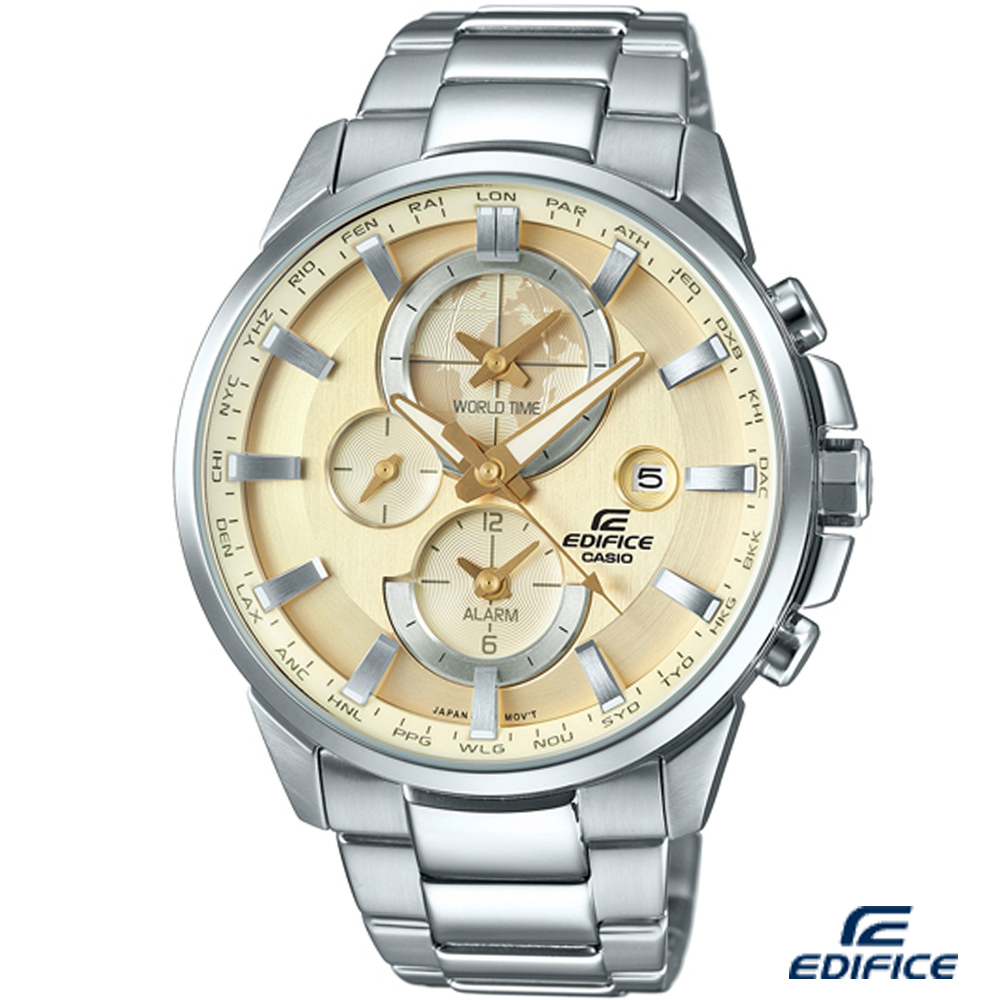 EDIFICE 新世界地圖鬧鈴錶(ETD-310D-9A)-香檳金色/45.3mm