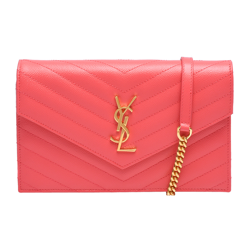 YSL MONOGRAM系列V字縫線魚子醬牛皮金屬LOGO金鍊手拿/肩背包(蜜桃粉)