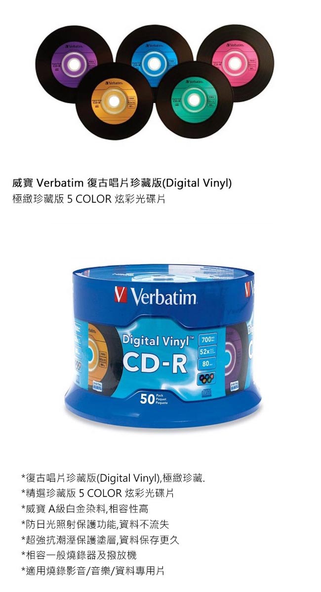 福利品 Verbatim 威寶 CD-R 700MB 52X 復古唱片版 (50片)