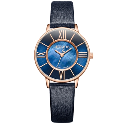 JULIUS聚利時 月光圓舞曲貝殼面皮錶帶腕錶-深藍/32mm