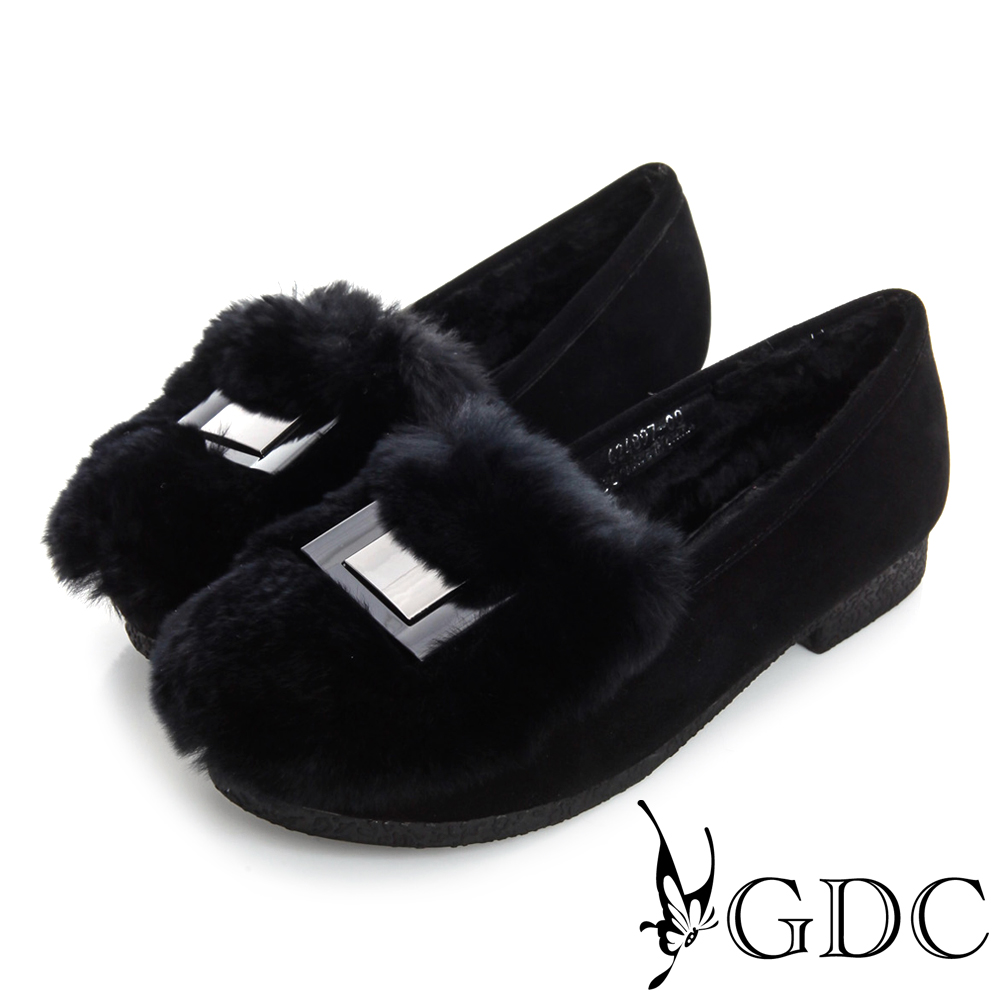 GDC百搭-真皮金屬飾扣毛毛保暖麂皮低跟鞋-黑色