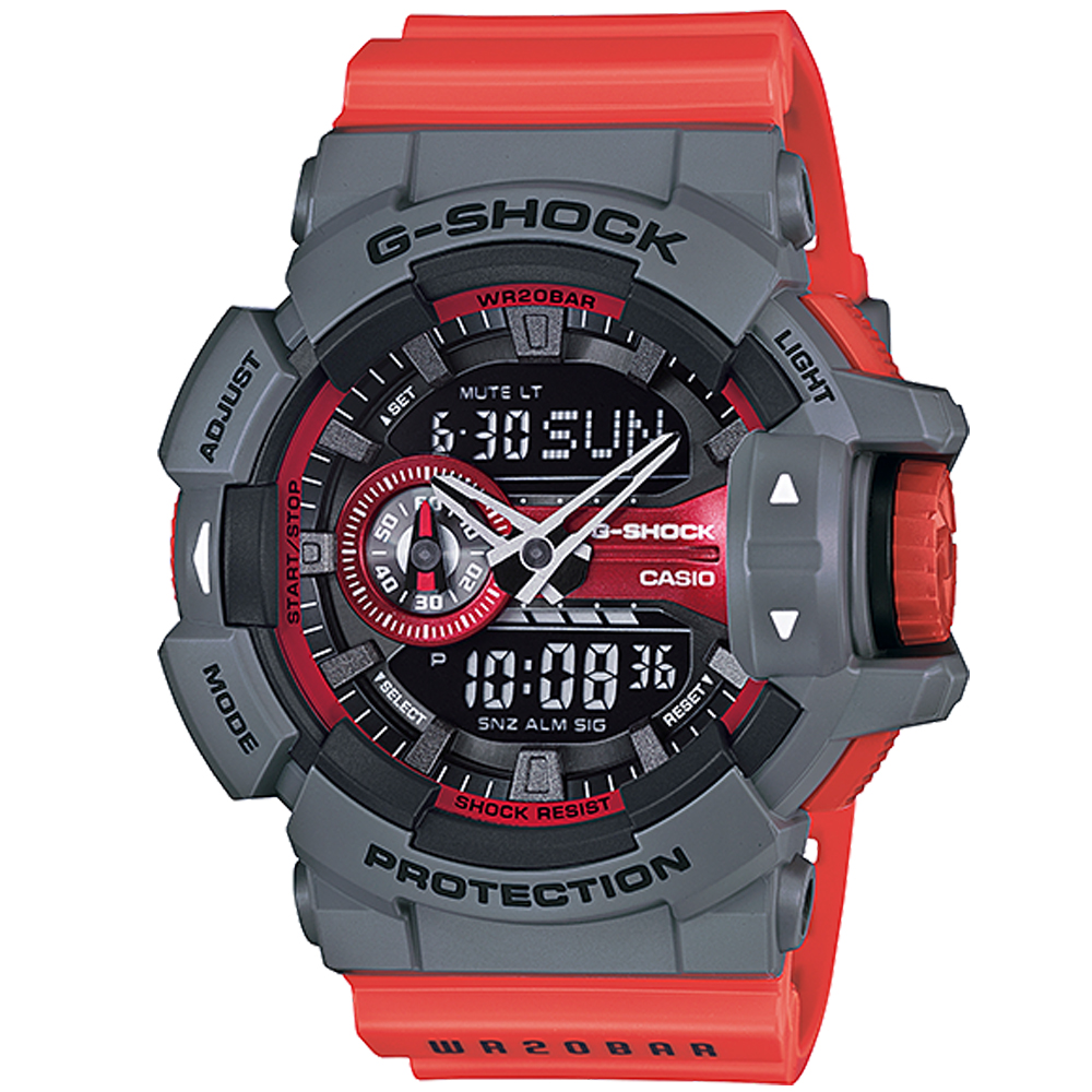 G-SHOCK亮彩新色街頭時尚新層次雙顯運動錶(GA-400-4B)-橘紅X灰框/51.9mm