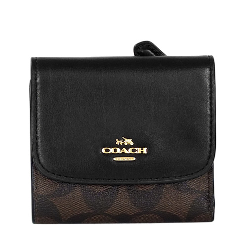 COACH黑色真皮拼接深咖C Logo三摺輕便短夾