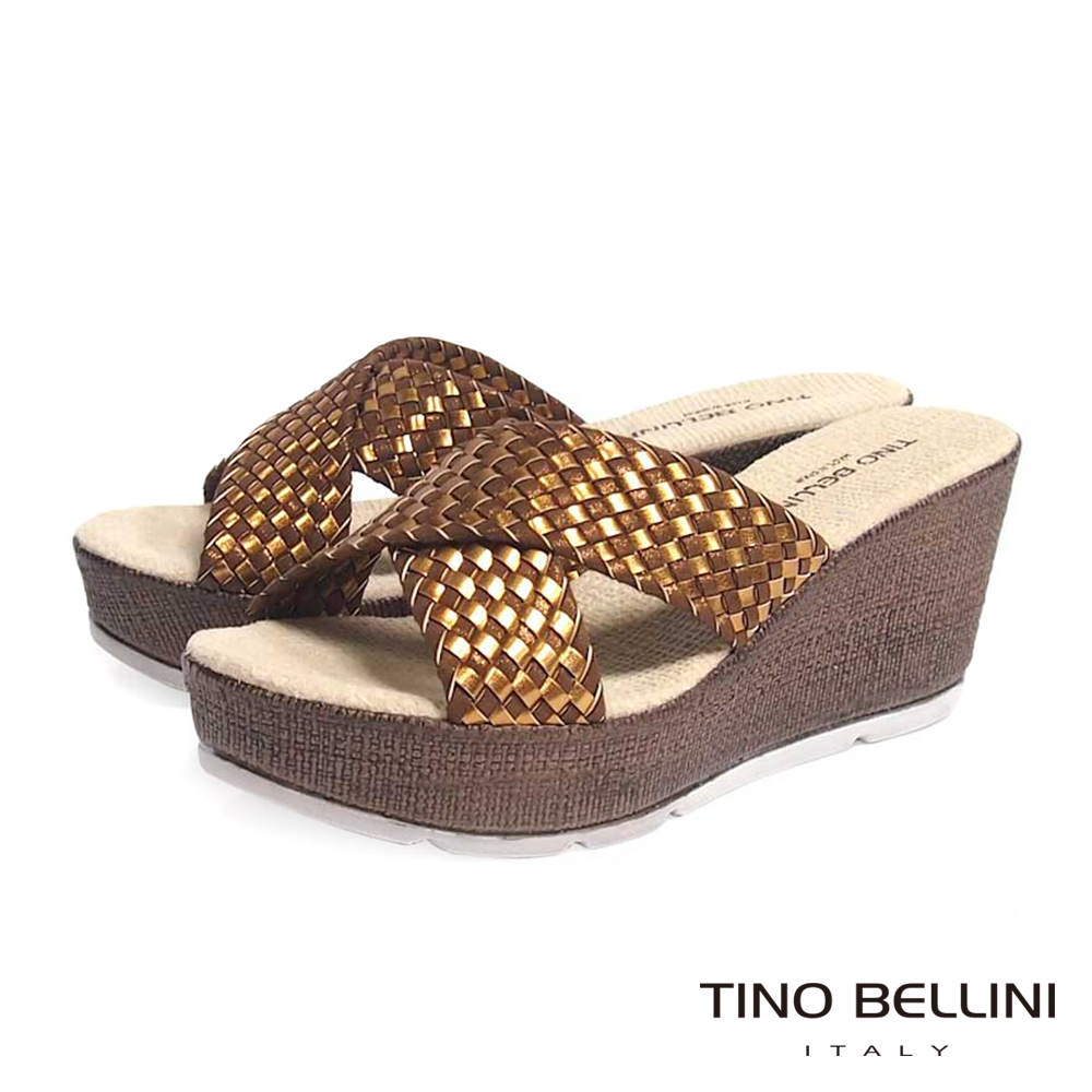 Tino Bellini 西班牙進口經典編織交叉楔型涼拖鞋 _ 古銅金
