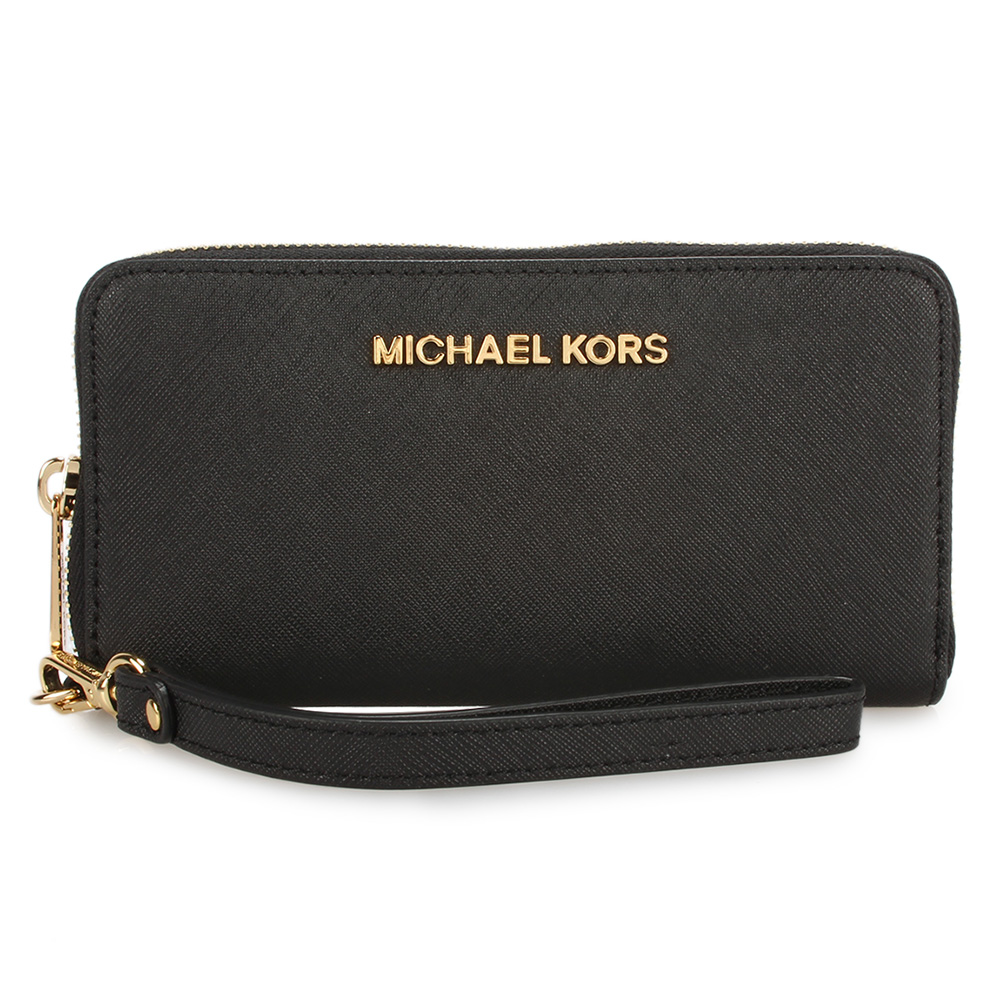 MICHAEL KORS 金色LOGO防刮皮革萬用皮夾手機包-黑