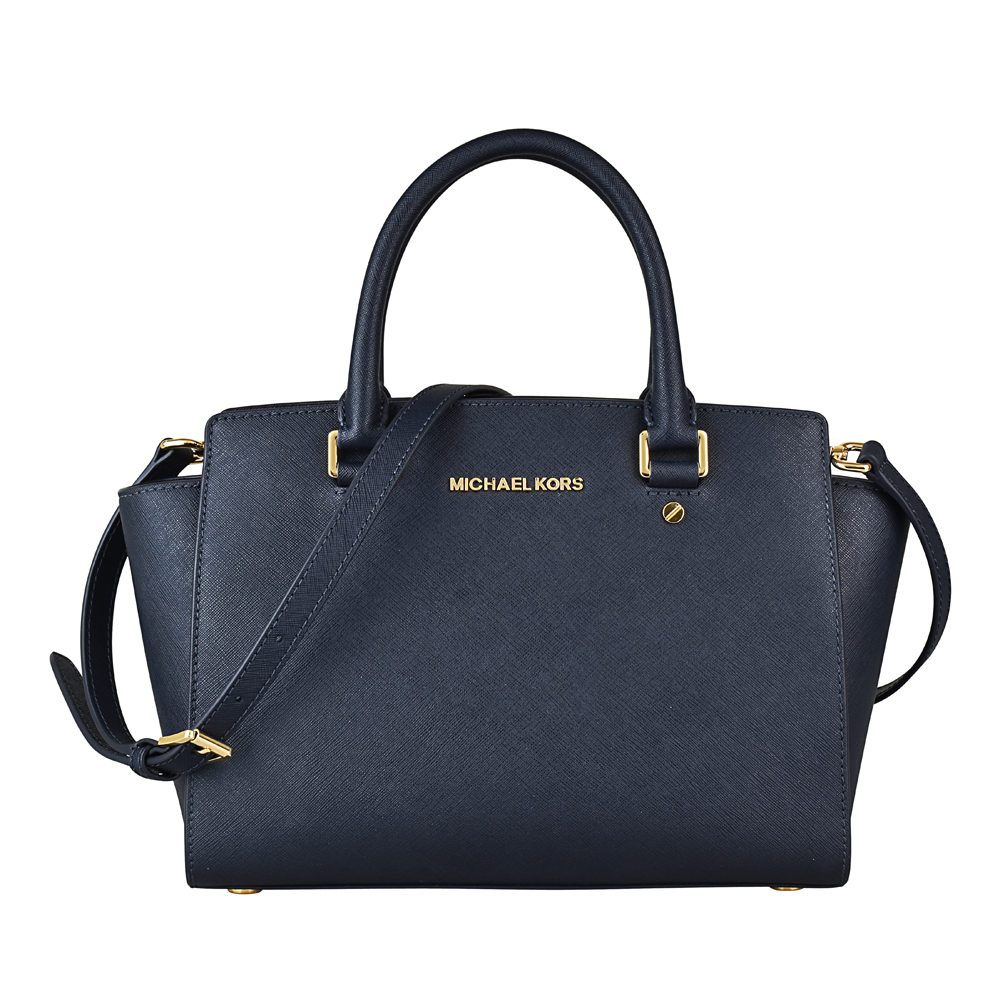 MICHAEL KORS SELMA 金字LOGO防刮皮革拉鍊手提斜背包(中/海軍藍)