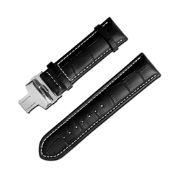 Watchband 經典復刻時尚指標壓紋真皮雙邊壓扣錶帶 黑x白x銀扣