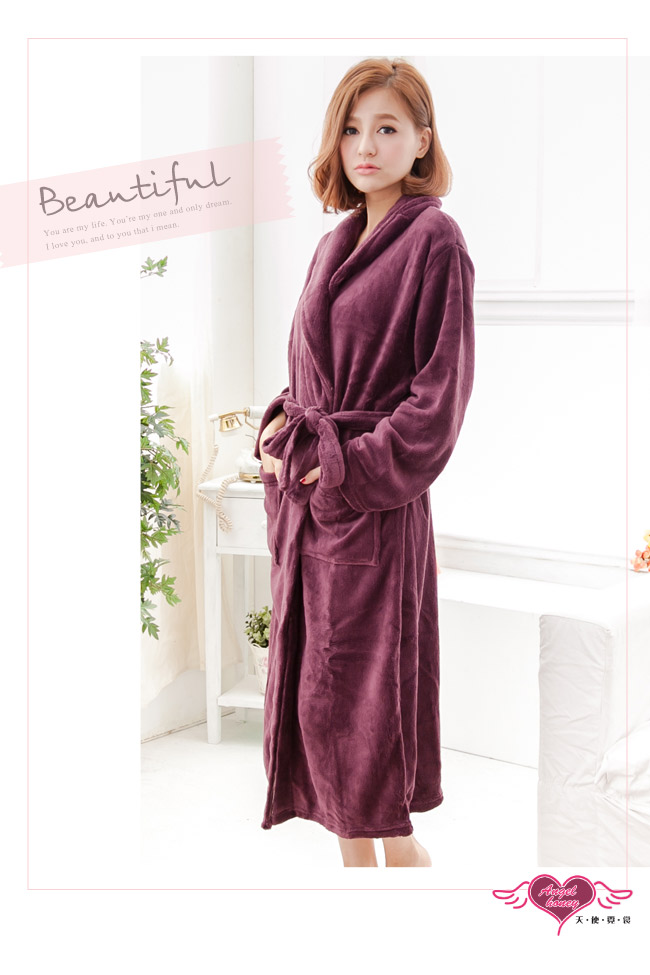 天使霓裳 甜蜜氛圍 柔軟珊瑚絨綁帶睡袍(紫紅F)
