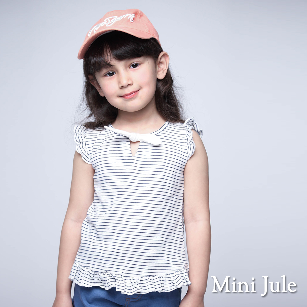 Mini Jule 童裝-上衣 綁結荷葉邊條紋短袖上衣(藍)