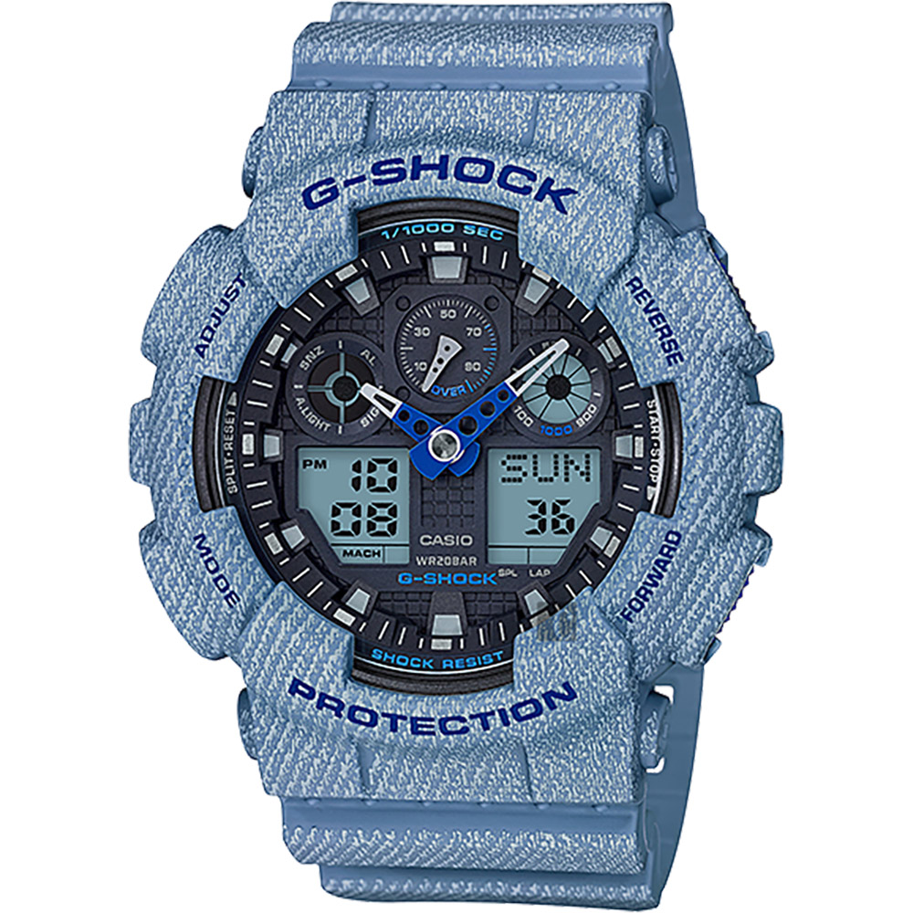 CASIO卡西歐 G-SHOCK 限量丹寧雙顯手錶-淺藍/55mm