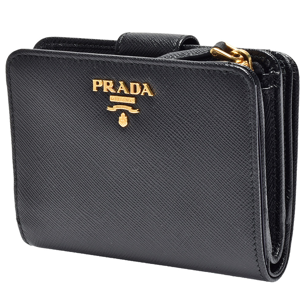 PRADA SAFFIANO METAL經典金色金屬浮雕LOGO防刮牛皮短夾/零錢包(黑