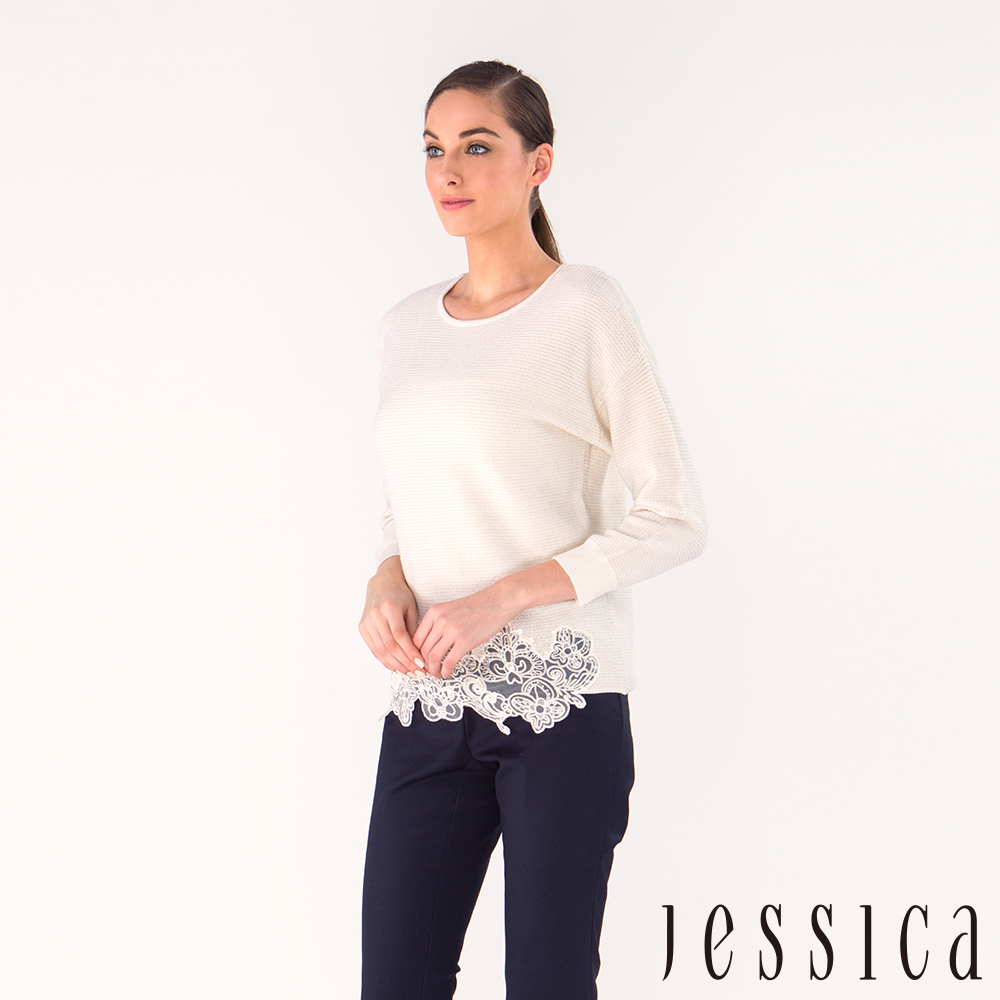 JESSICA - 高雅拼接蕾絲造型上衣（白）