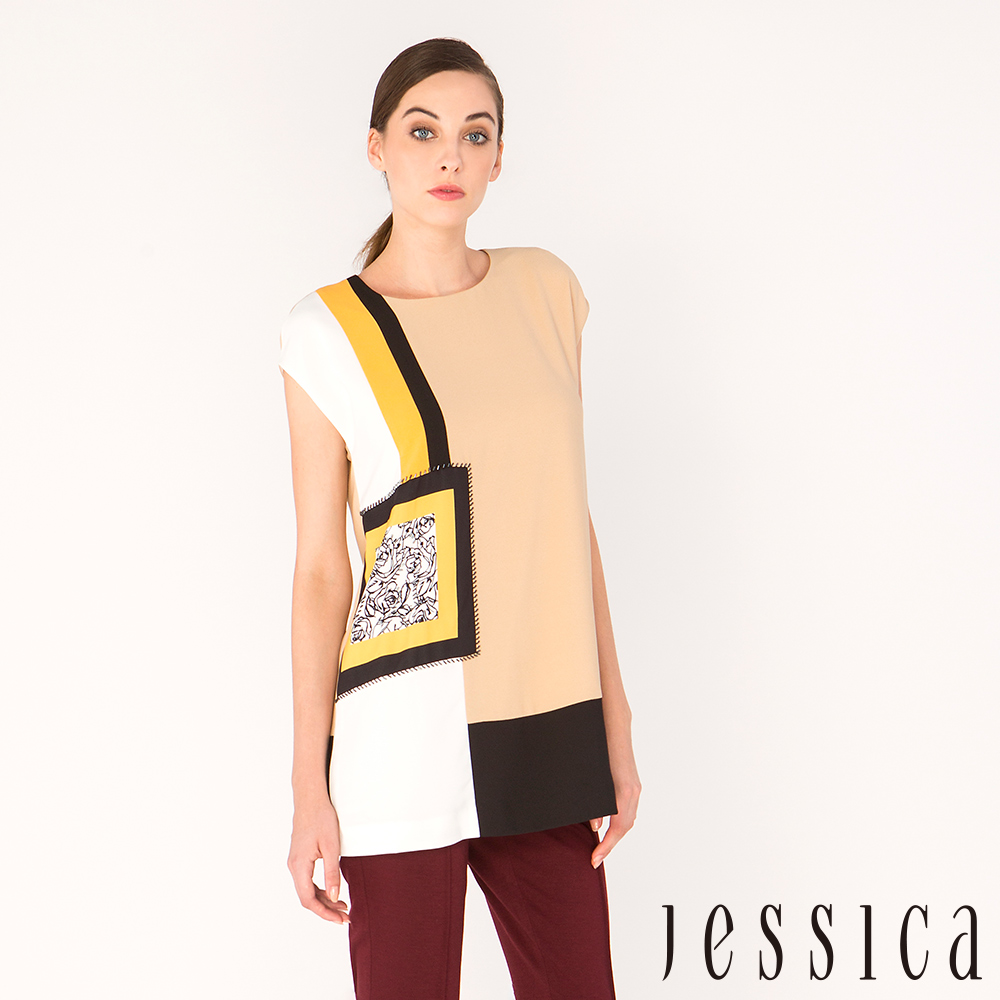 JESSICA-復古色塊幾何圖紋上衣
