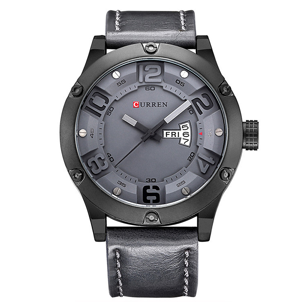 Watch-123 卡瑞恩8251半立體面雙日曆業務菁英手錶-灰色/45mm