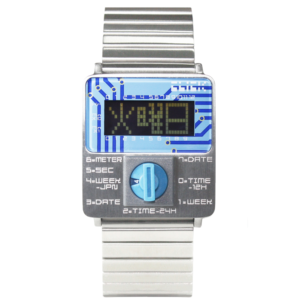 CLICK TURN 創意電路板個性電子腕錶-銀鋼藍