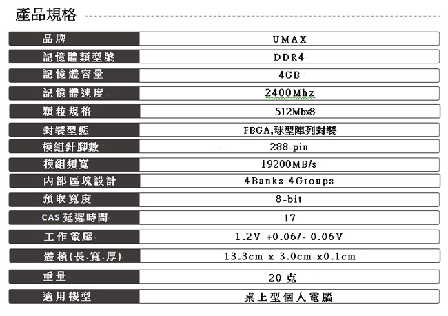 UMAX DDR4 2400 4GB 桌上型記憶體