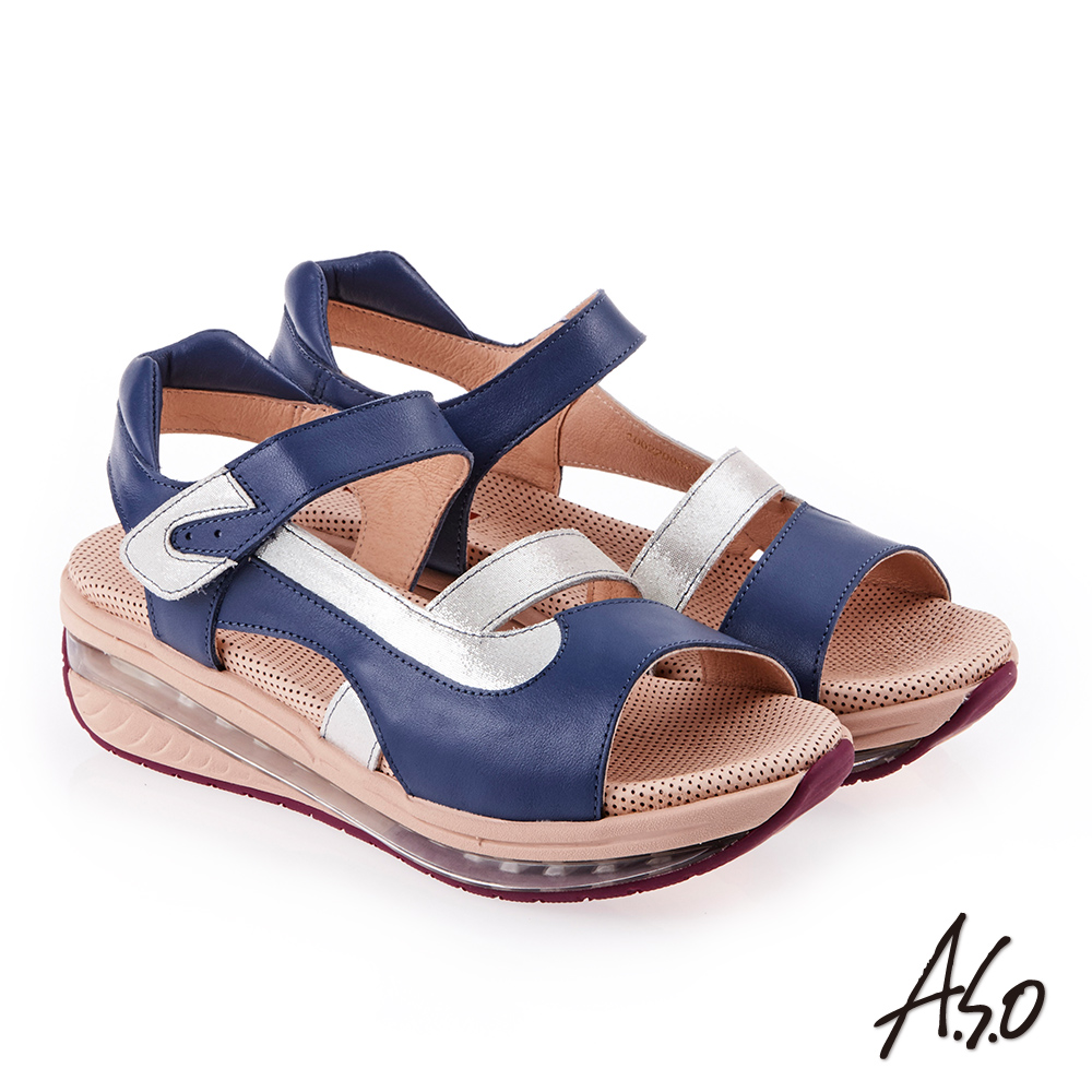 A.S.O 超能力 金箔亮麗拼接皮革輕量奈米鞋墊休閒涼鞋 藍色