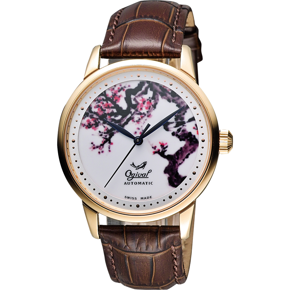 Ogival 愛其華 花繪經典彩繪機械腕錶-梅花版x玫塊金框/40mm