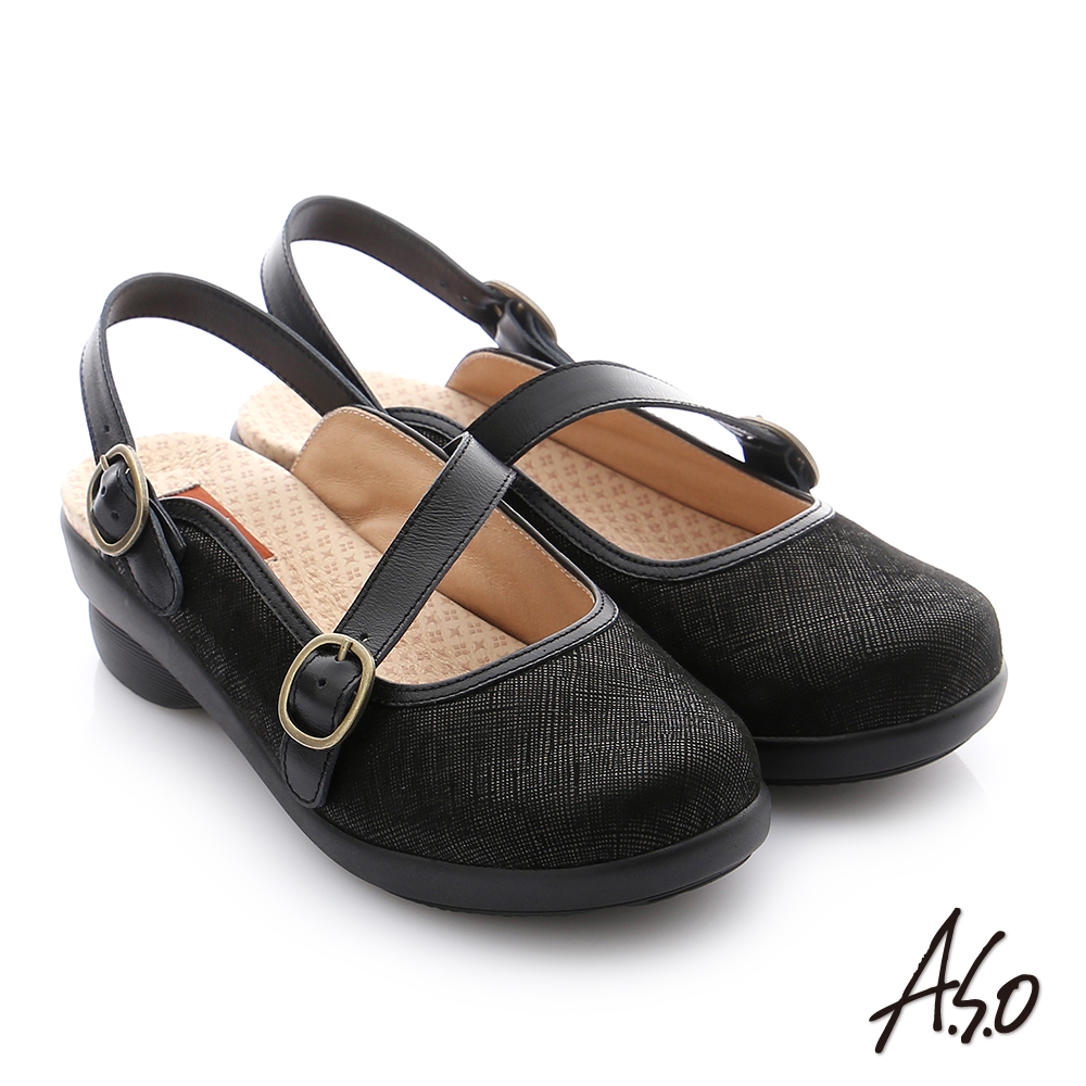 A.S.O 紓壓氣墊 全真皮織紋圓釦帶後空休閒鞋 黑色