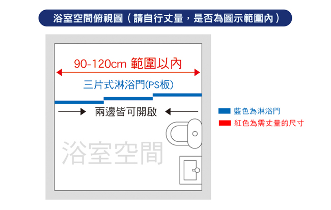 一太淋浴門-一字三門落地基本型（寬90~120cm x 高190cm範圍以內）