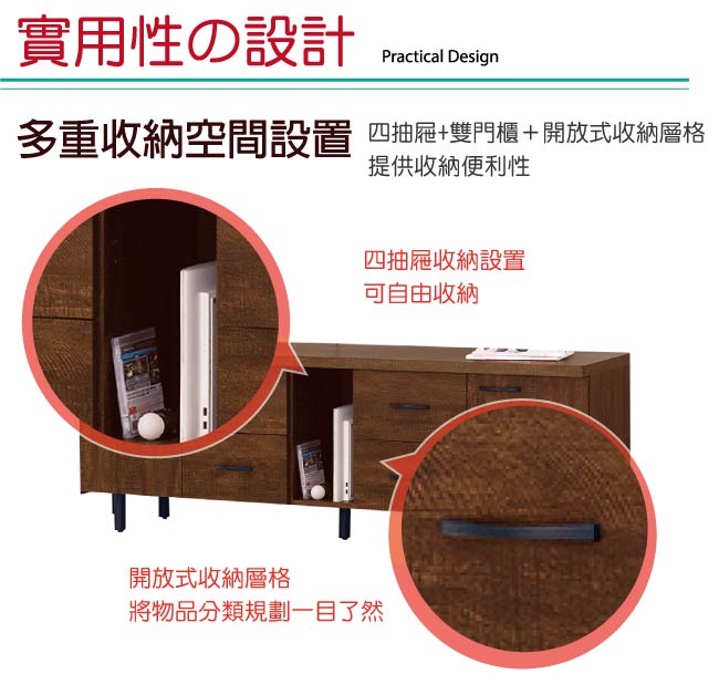 品家居 蘇格7尺胡桃木紋長櫃/電視櫃-211x39.5x61cm免組