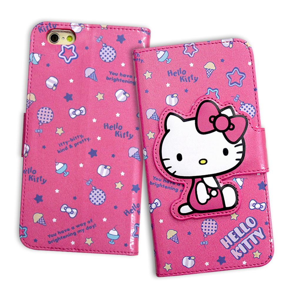 Hello Kitty iPhone 6S Plus 5.5吋 閃粉絲紋皮套(甜點桃)