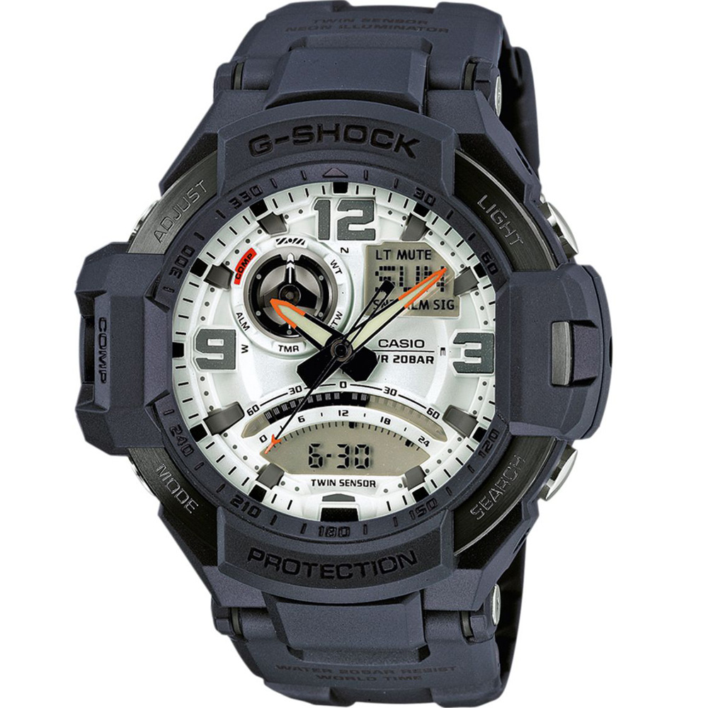 G-SHOCK 飛行概念數位羅盤雙顯運動錶-白面x藍色錶帶/52mm