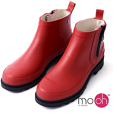 mo.oh愛雨天-拉鍊厚底短筒登山雨靴雨鞋-紅色