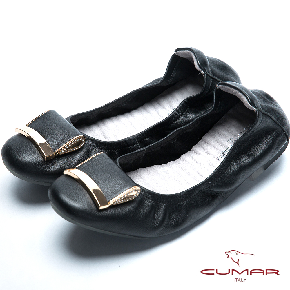 CUMAR流行時尚 金屬裝飾真皮芭蕾舞鞋-黑