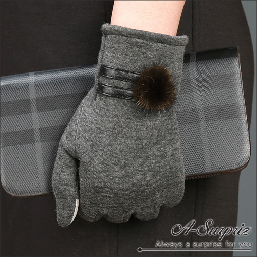 A-Surpriz 兔毛球仿皮革精梳棉觸控手套(深灰)