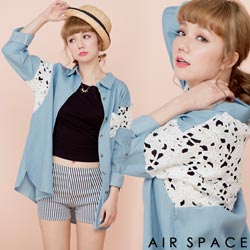 AIR SPACE 雕花蕾絲拼接牛仔寬鬆襯