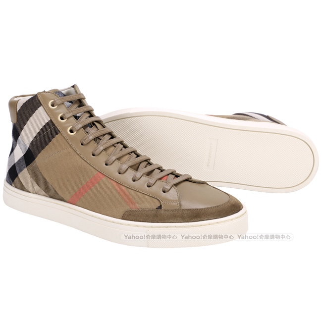 BURBERRY House 經典格紋高筒綁帶休閒鞋(橄欖色/男)