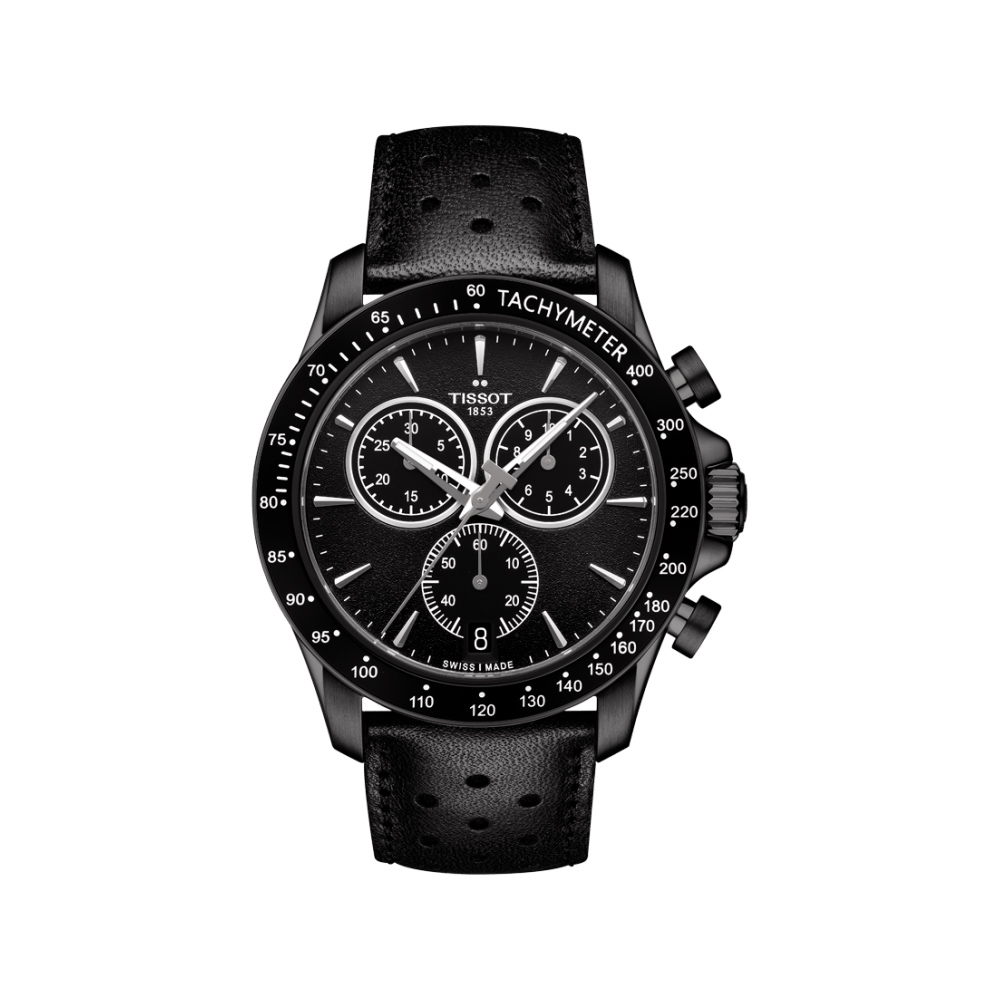 TISSOT 天梭 官方授權 V8系列三眼計時皮帶腕錶-鍍黑/42.5mm