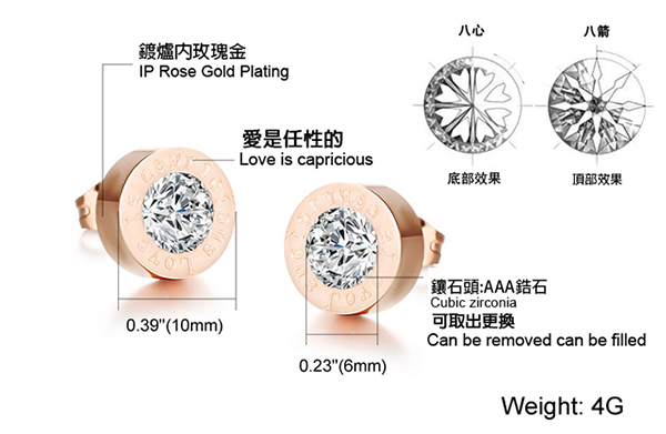 JINCHEN 白鋼單鑽耳環 玫瑰金