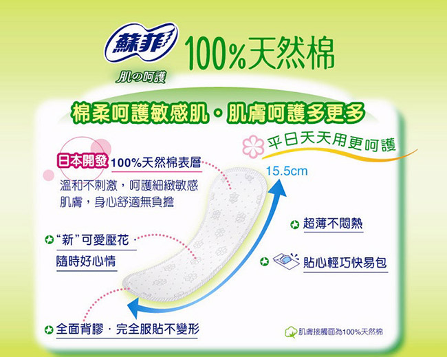 蘇菲 100%天然棉護墊天然無香(15.5CM)(28片 x 2包/組)