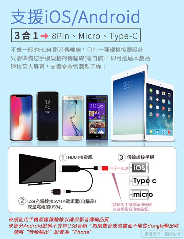 aibo 三合一 手機轉HDMI影音傳輸線(iOS/Type-C/Micro)-2M