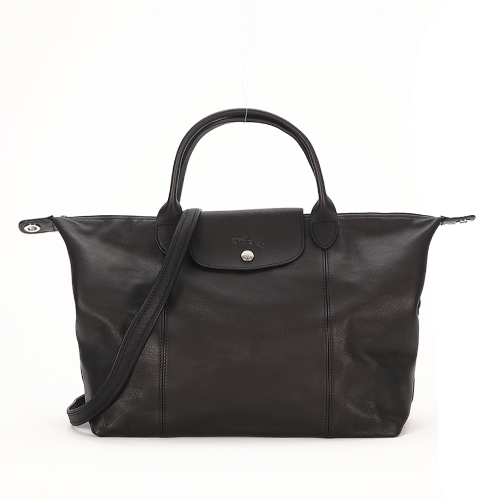 LONGCHAMP Le Pliage Cuir 小羊皮短把折疊小型水餃包(中/黑)