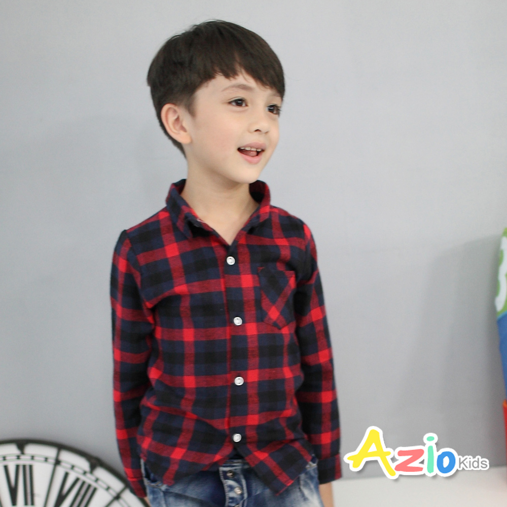 Azio Kids 童裝-襯衫 大格紋配色單口袋長袖襯衫(紅)
