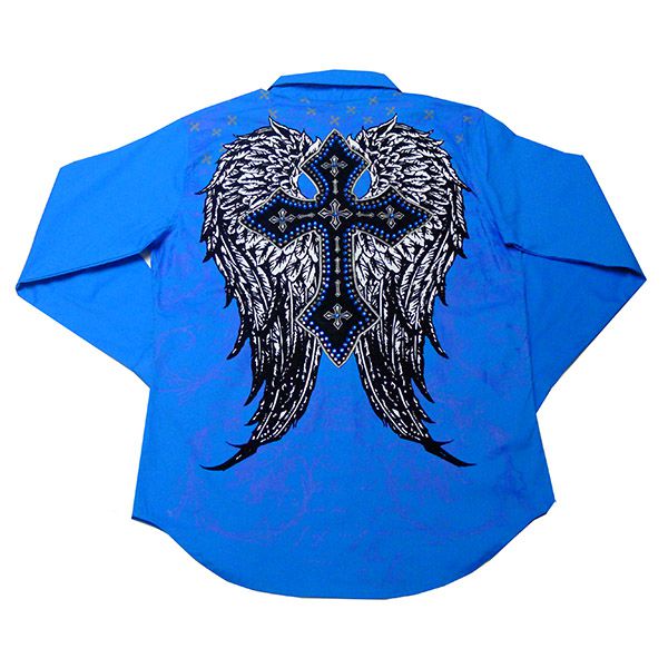 [摩達客]美國進口潮時尚設計【Victorious】十字之翼藍色長袖襯衫