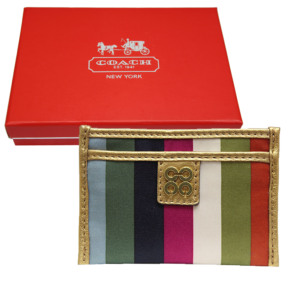 COACH 4C LOGO皮革飾邊緞織布名片卡夾-彩虹銅金(附原廠禮盒)