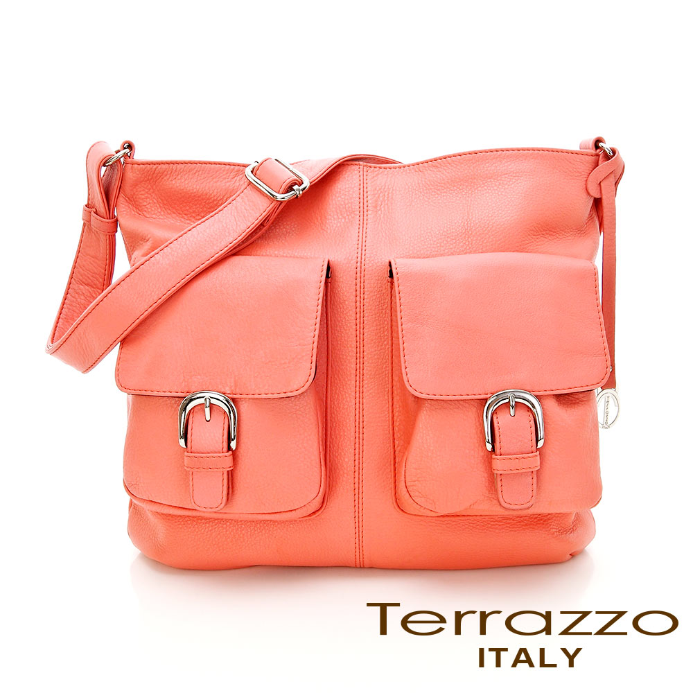義大利Terrazzo -個性雙口袋牛皮斜背包-粉橙色17E8548A