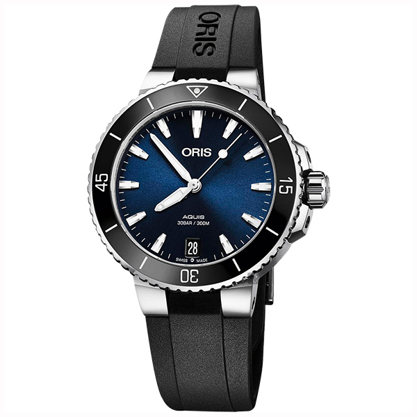 Oris豪利時 Aquis 時間之海潛水300米機械錶-藍x黑色橡膠帶/36.5mm