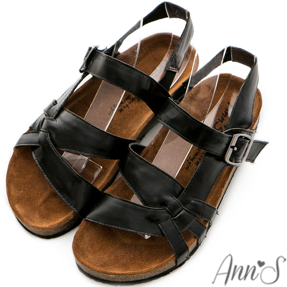 Ann’S歐美簡約-編織牛皮軟底寬版全真皮涼鞋 黑